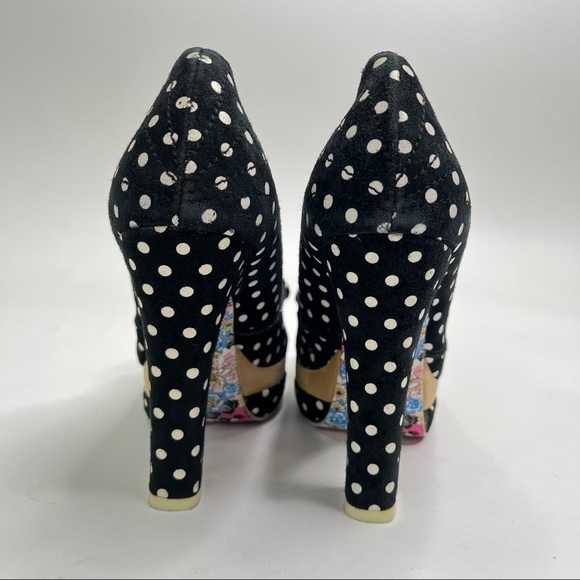 IRREGULAR Choice Black White Velvet Retro Pin-up Polka Dot Peeptoe Platform Heel - Picture 4 of 15